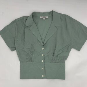 Madewell Drapey Banded-Bottom Button-Down Top in Pale Celadon